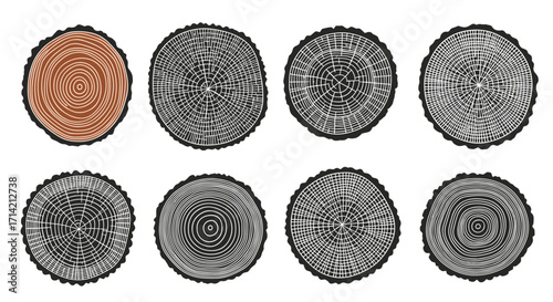 Set of eight tree trunk cross sections showing growth rings.