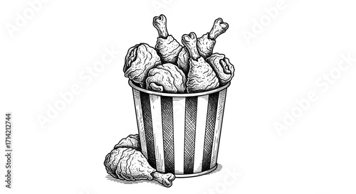 Bucket of Fried Chicken Drumsticks and Pieces.