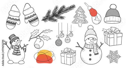 Christmas Winter Holiday Elements Collection Snowman Gifts Tree Mittens.