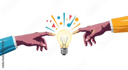 Two hands reaching out to touch a glowing lightbulb symbolizing innovation and collaboration.