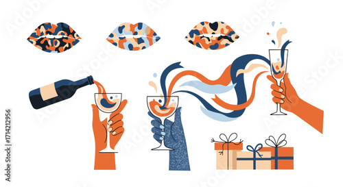 Celebration elements with wine pouring gifts and lips.