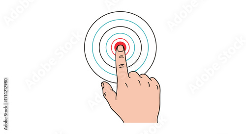 Finger pressing a button with concentric circles.