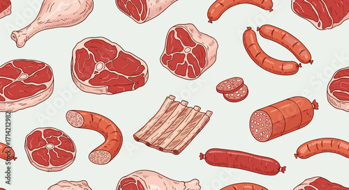 Assortment of Raw Meats and Sausages Seamless Pattern.