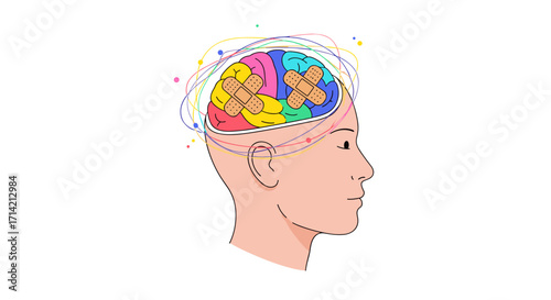 Colorful Brain with Bandages Representing Mental Health and Healing.