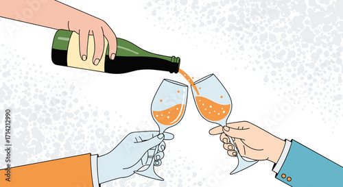 Pouring wine into two glasses for a toast celebration.