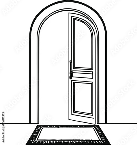 Black bold outline with white background, Minimal line drawing of doorway with welcome mat