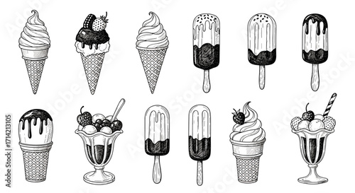 Collection of Hand Drawn Ice Cream Desserts and Popsicles.