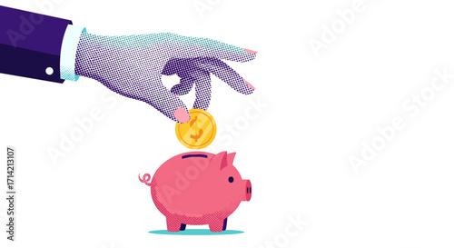 Hand dropping coin into piggy bank for savings.