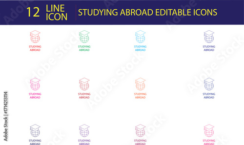 Line icons of studying abroad, international students, global education, exchange programs, travel study, and overseas learning.