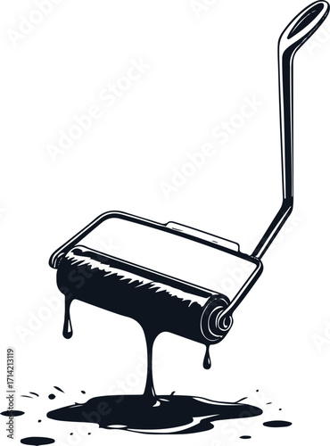 Black bold outline with white background, Minimal line drawing of paint roller dripping ink 3