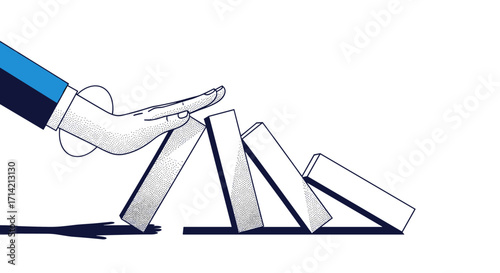 Hand stopping falling dominoes to prevent a chain reaction.