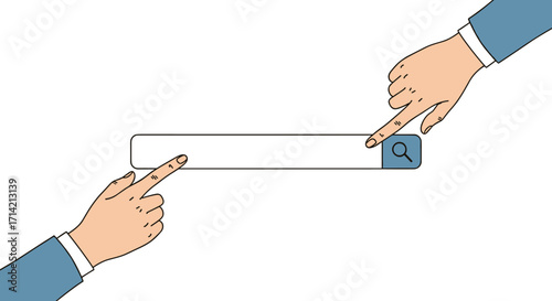 Two hands pointing to a search bar with a magnifying glass icon.