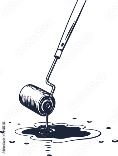 Black bold outline with white background, Minimal line drawing of paint roller dripping ink