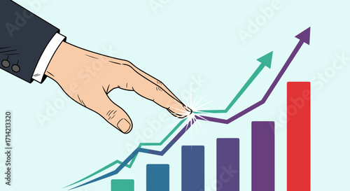 Hand pointing to upward trending business graph showing growth.