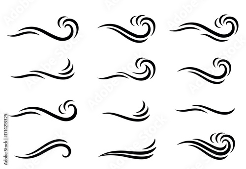 Set icons water waves, flowing swirl and splash, curves, curl