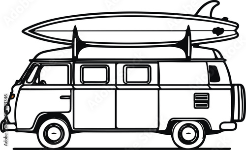 Black bold outline with white background, Minimal single line art of camper van with surfboard on roof 3