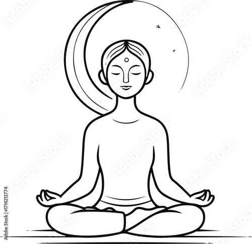 Black bold outline with white background, Minimal single line art of person meditating under crescent moon