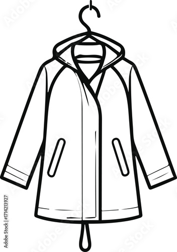 Black bold outline with white background, Minimal single line art of raincoat hanging on hook 1