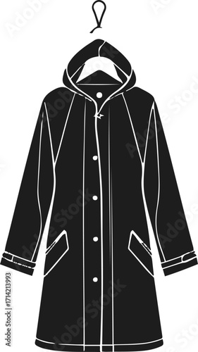 Black bold outline with white background, Minimal single line art of raincoat hanging on hook 2