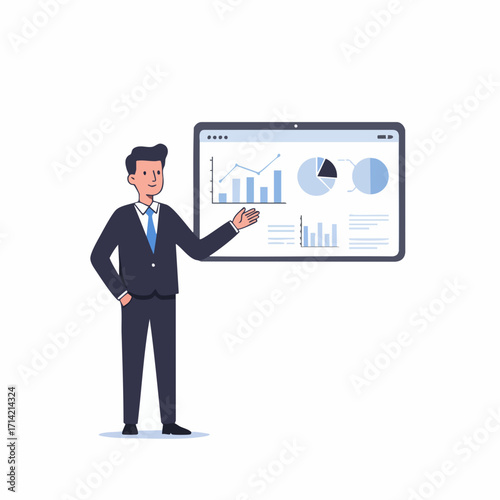 Flat Style Presenting Man with Data Charts on Tablet Illustration