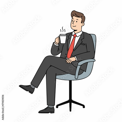 Flat Style Relaxed Businessman Sitting on Chair Holding Hot Drink Illustration