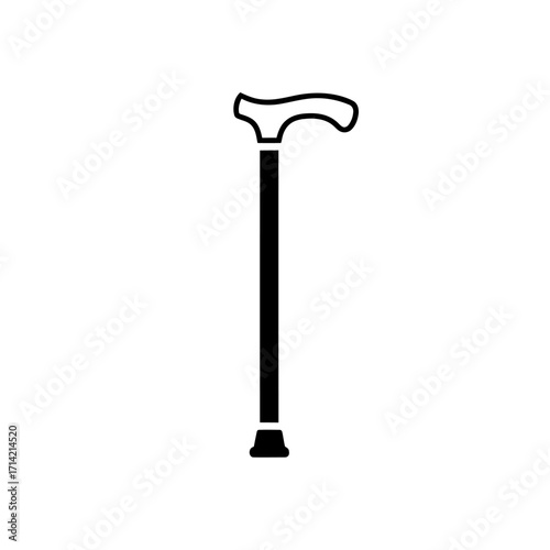 Black and white illustration of a walking cane, simple design, elderly assistance, mobility aid, support for walking, easy to use.