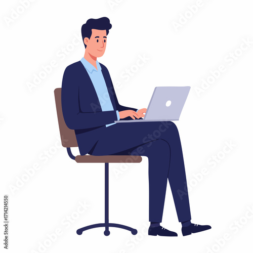 Flat Style Full Body Man Sitting Typing on Laptop Illustration