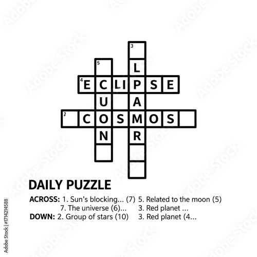 Daily Puzzle Crossword With Eclipse And Cosmos Words.