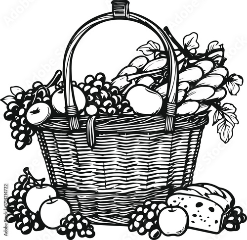 Black bold outline with white background, Outline of picnic basket with fruits and bread inside 3
