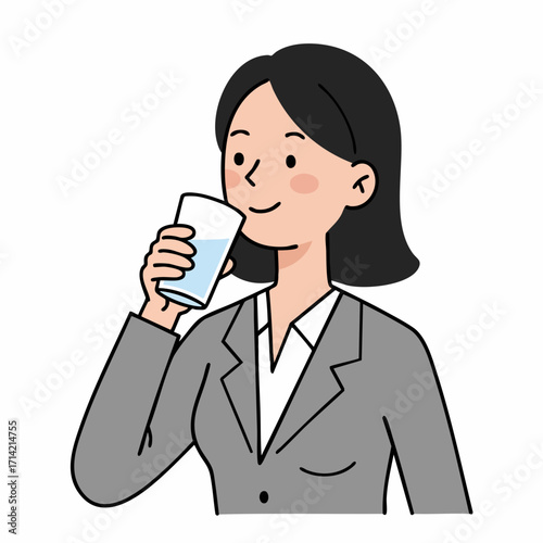 Simple Handdrawn Young Businesswoman Drinking Water Refreshment Concept Illustration
