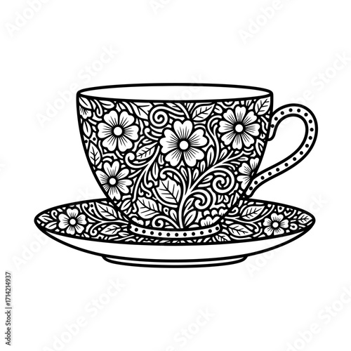 Ornate teacup and saucer with floral design.