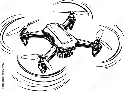 Black bold outline with white background, Outline of small drone flying, propellers shown with motion lines