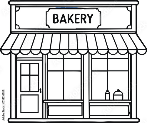 Black bold outline with white background, Outline of small bakery shop with signboard, minimal aesthetic 3