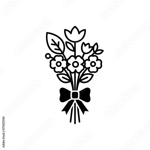 Simple line art icon of a flower bouquet with a bow.