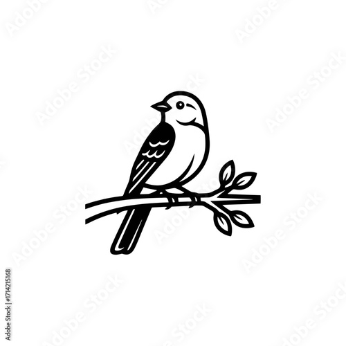 Small bird perched on a branch, black and white line art illustration.