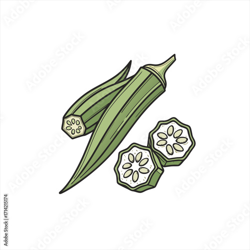 Fresh okra pods and slices illustration