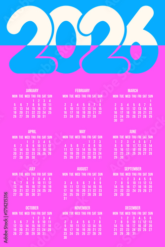 Calendar. 2026 vertical Calendar with playful numbers. Vector illustration of pink and blue juicy bubble gum color 2026 Calendar template design. EPS 10