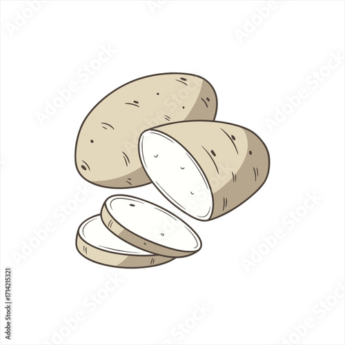 Illustration of a whole potato cut in half with slices on a white background