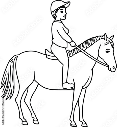 Black bold outline with white background, Outline vector of person riding horse, side view, minimal style