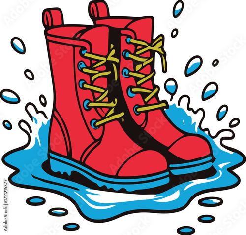 Black bold outline with white background, Outline vector of rain boots with puddle splash, playful style 1