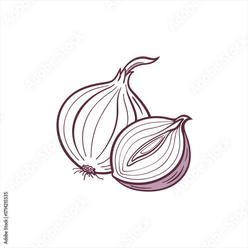 Stylized illustration of a whole onion and a halved onion with purple outlines