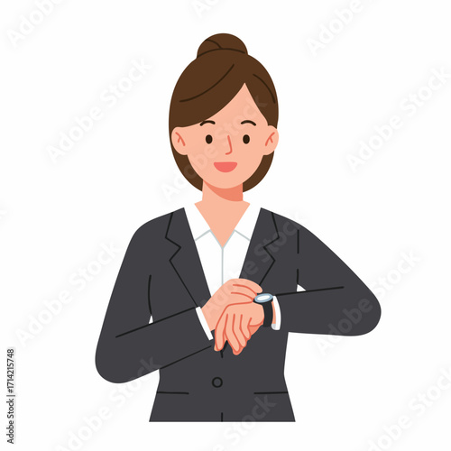 Flat Cartoon Style Businesswoman Checking Time on Wristwatch Illustration