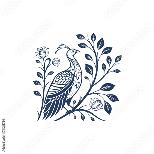 Elegant navy blue peacock and floral design on white background
