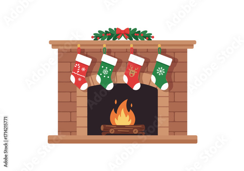 A brick fireplace with four stockings hanging and a fire burning inside