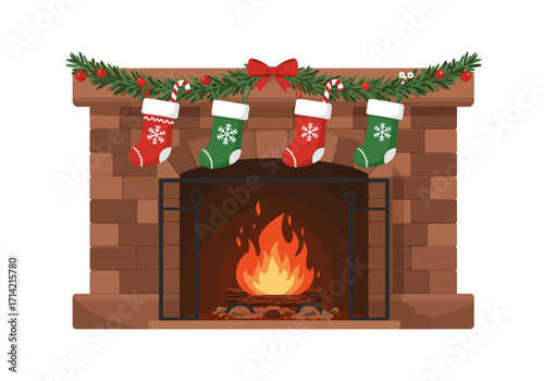 A brick fireplace with lit fire garland red bow and four hanging stockings