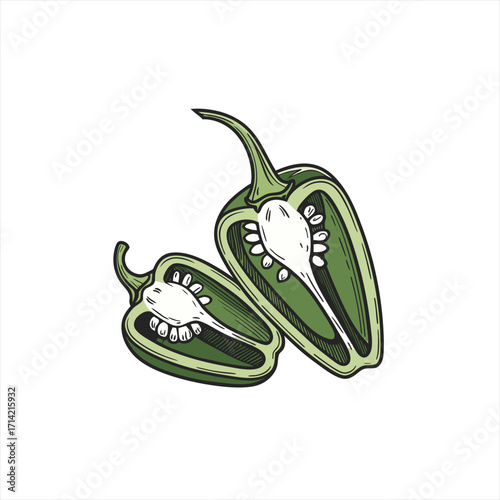 Two halves of a green jalapeno pepper with seeds visible