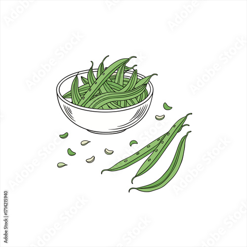 Hand drawn illustration of fresh green beans in a white bowl and scattered on a white background
