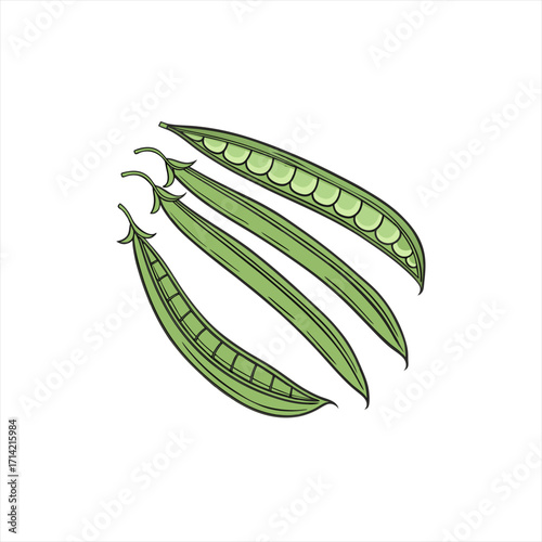 Four green pea pods with visible peas inside on a white background