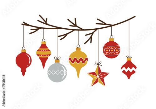 Christmas ornament set with star ball and teardrop shapes on a branch