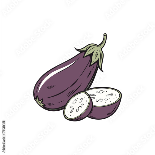 Illustration of a whole eggplant and its cross section